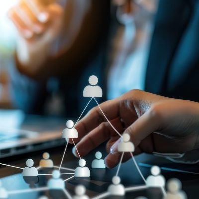 Business professional strategically connecting points in a virtual network, symbolizing teamwork and connectivity in digital space. Generative AI