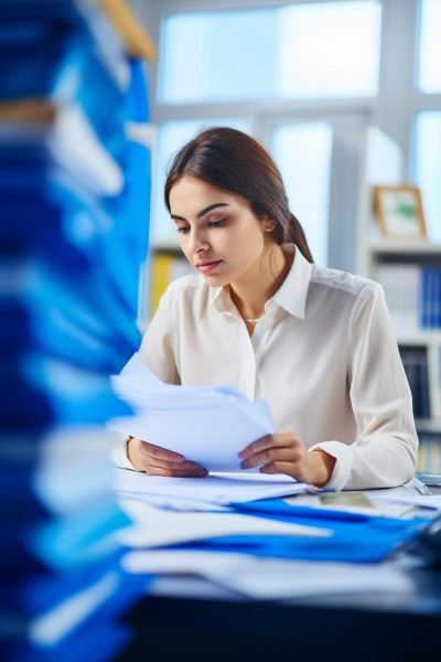 woman-is-sitting-desk-with-stack-papers-book-with-blue-folder-background woman-is-sitting-desk-with-stack-papers-book-with-blue-folder-background